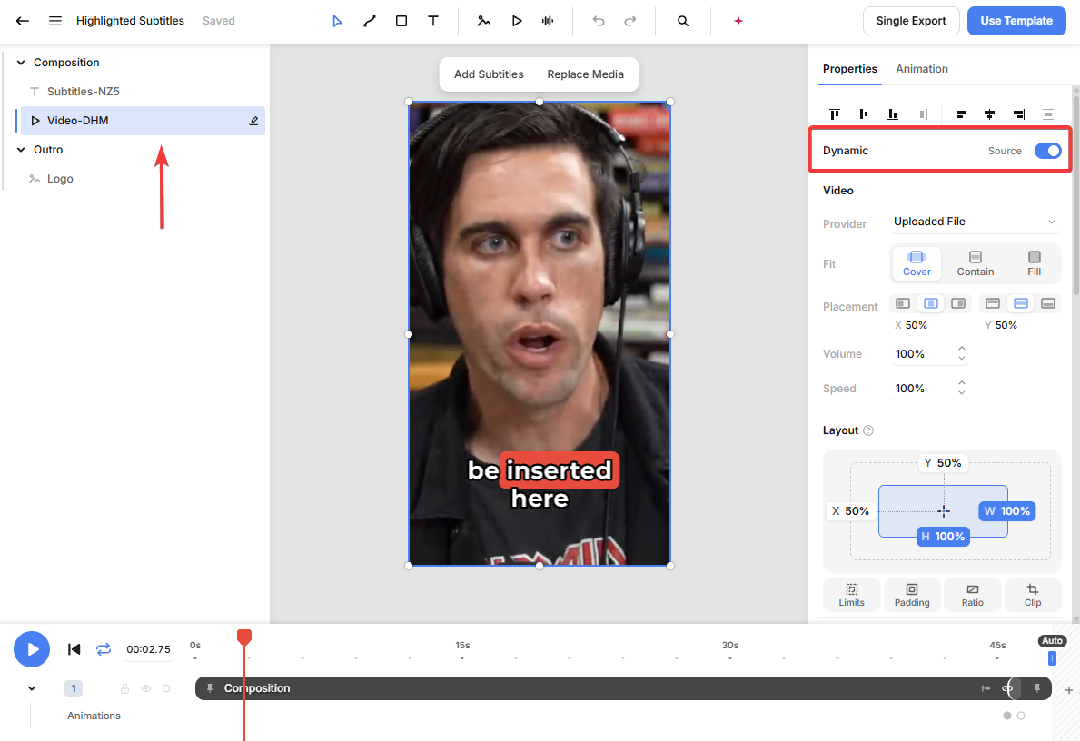 Highlighted Subtitles template in Creatomate with the Video element selected and its Source marked as dynamic.