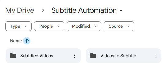 Google Drive input and output folders for the subtitle automation workflow.