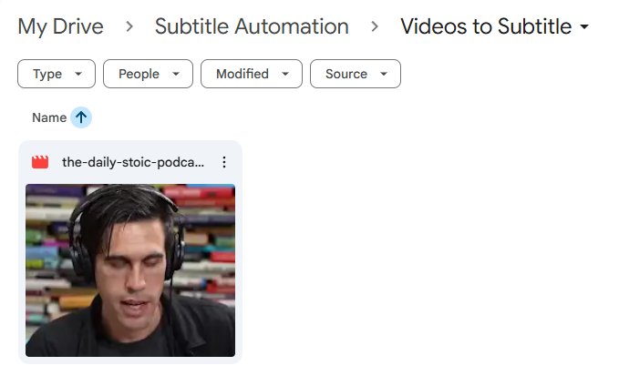Sample MP4 uploaded to the Videos to Subtitle Google Drive folder, ready for the n8n trigger test.
