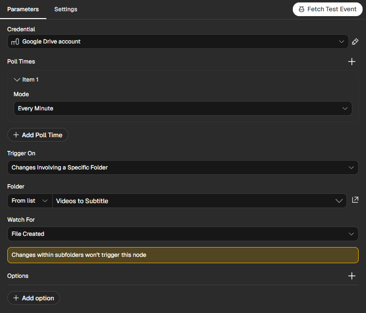n8n Google Drive Trigger set to check the Videos to Subtitle folder every minute for newly created files.
