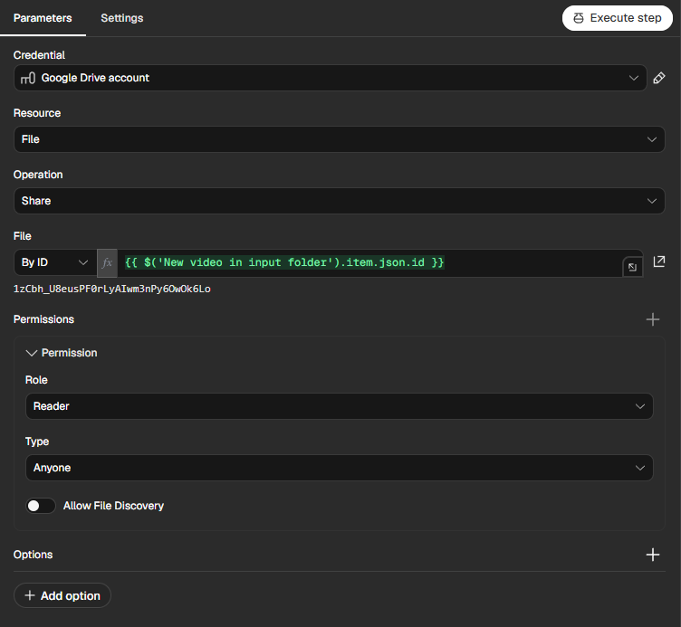 n8n Google Drive node sharing the new input video through a reader link.