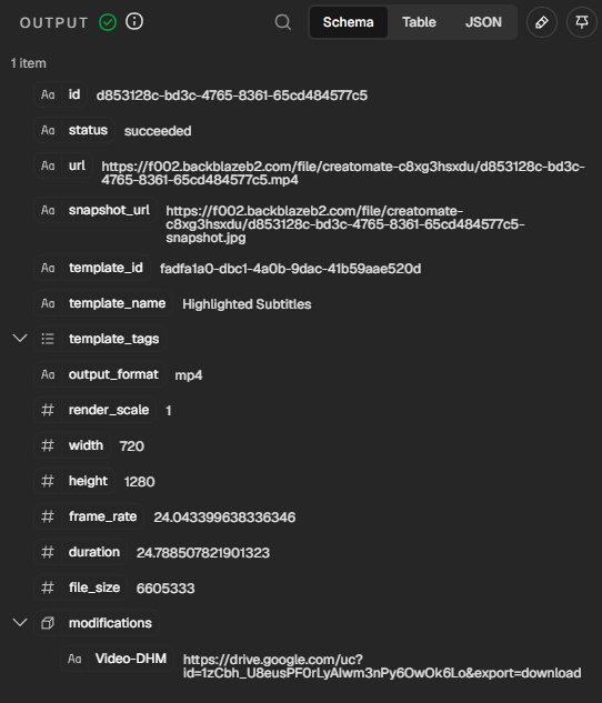 Successful Creatomate subtitle render returned to n8n with a completed MP4 URL.
