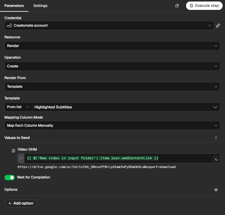 Creatomate node in n8n with Highlighted Subtitles selected, Video-DHM mapped to a Google Drive link, and Wait for Completion enabled.