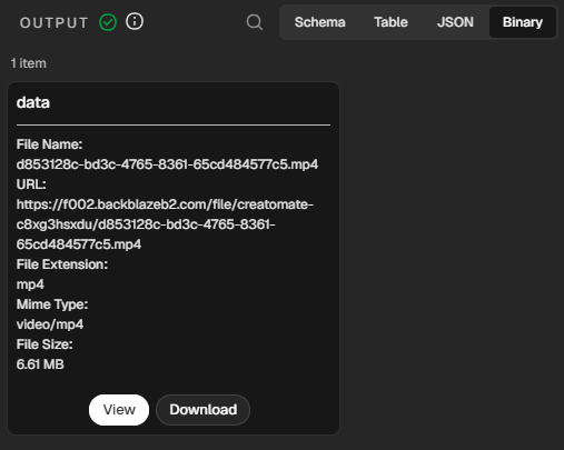 n8n output showing the completed MP4 in the binary data field, ready to upload to Google Drive.