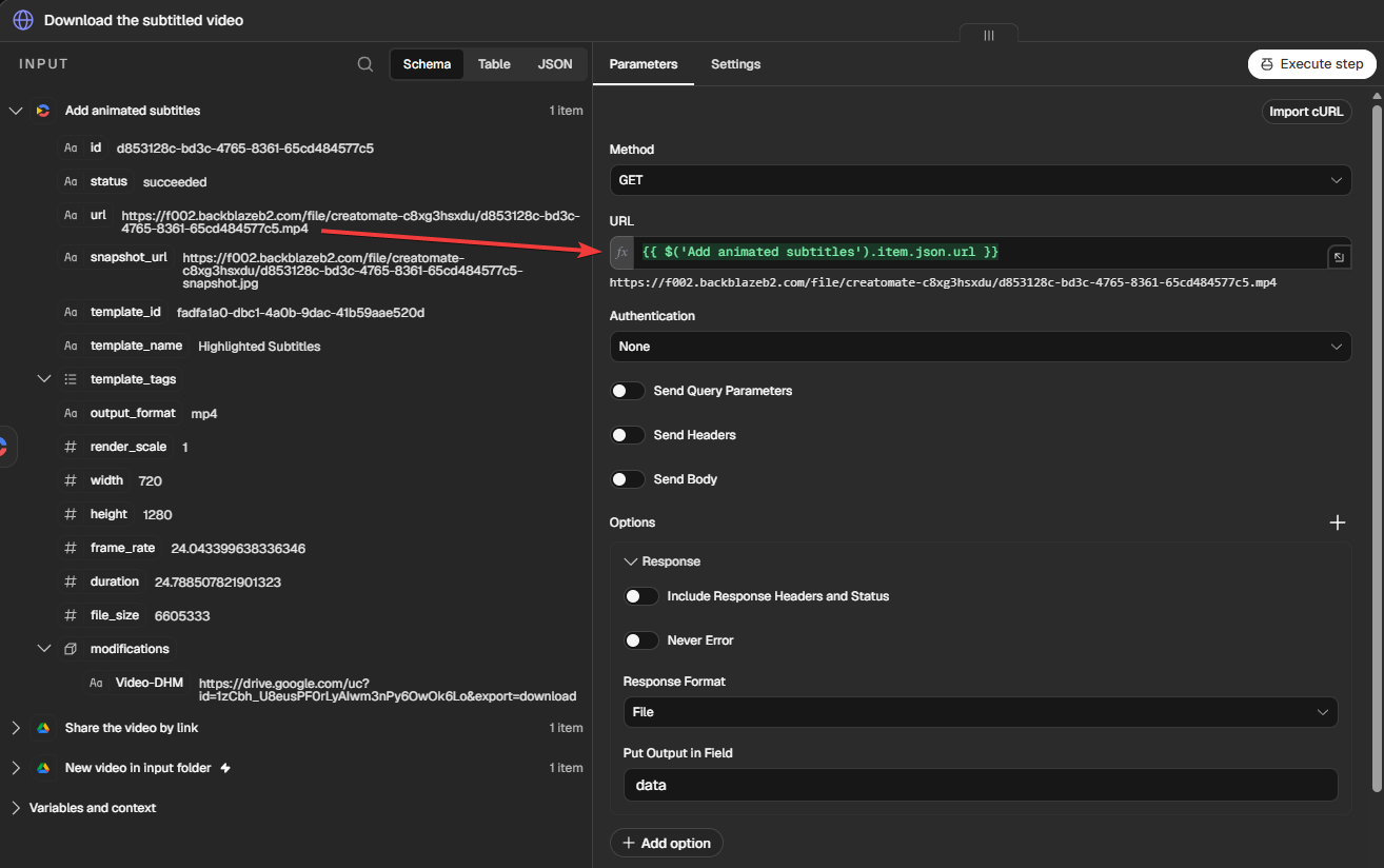 n8n HTTP Request node downloading the completed Creatomate subtitle video as a file in the binary data field.