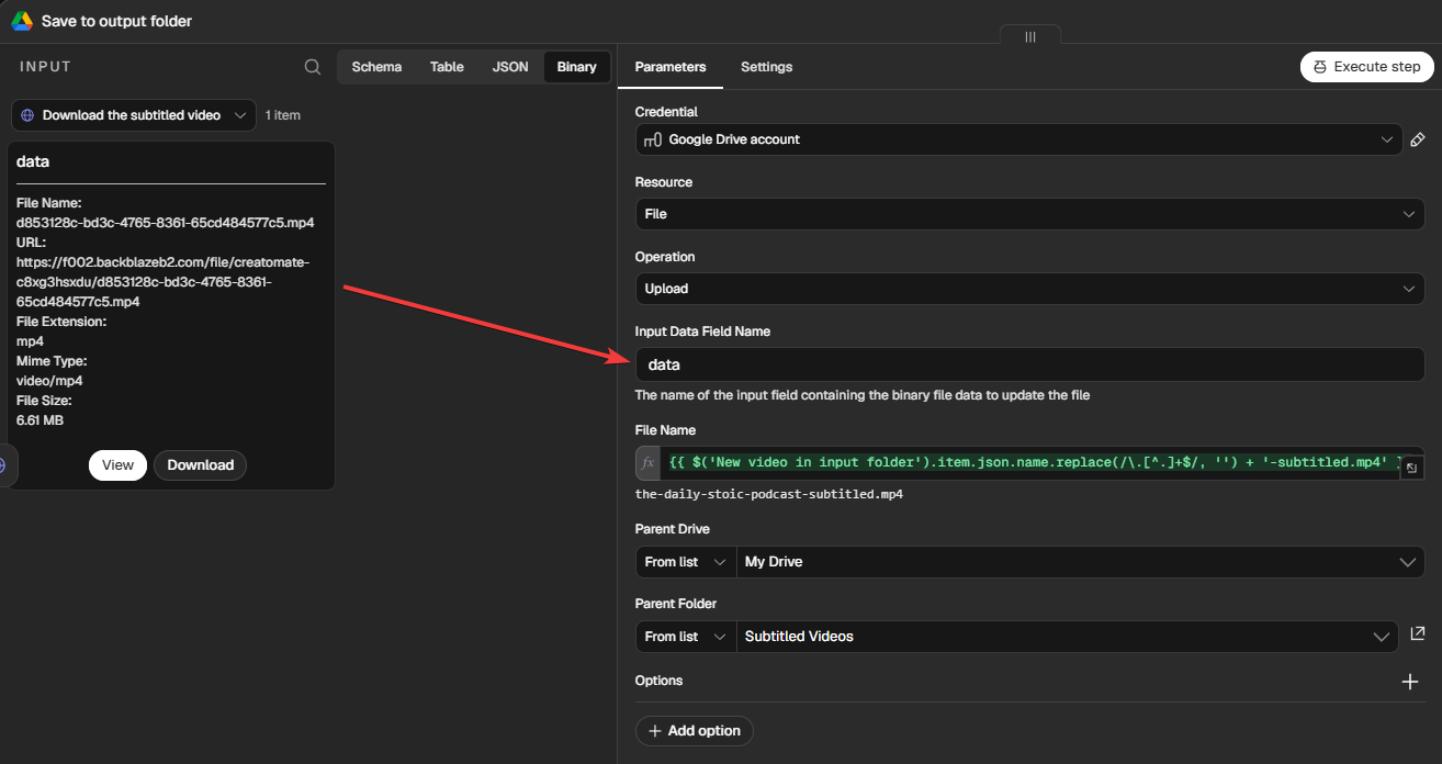 n8n Google Drive Upload node saving the binary subtitle MP4 to the Subtitled Videos folder with a -subtitled.mp4 file name.