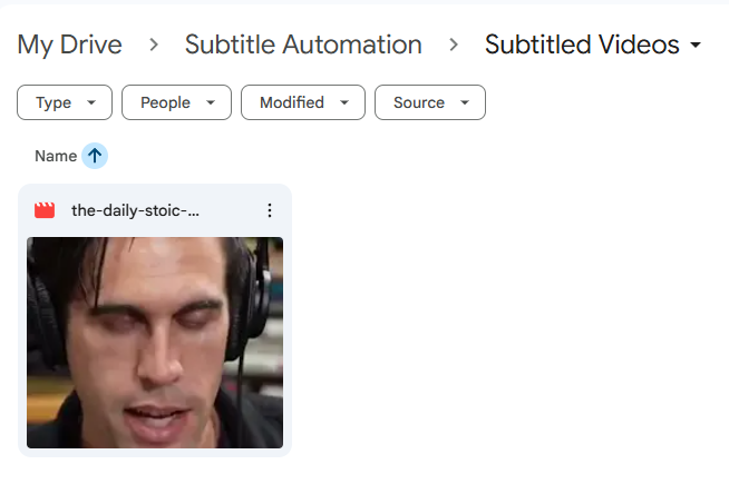 Google Drive output folder showing the newly uploaded subtitled MP4, ready to open and play.