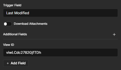 Airtable Trigger configured with Last Modified as the trigger field, Download Attachments disabled, and a View ID.