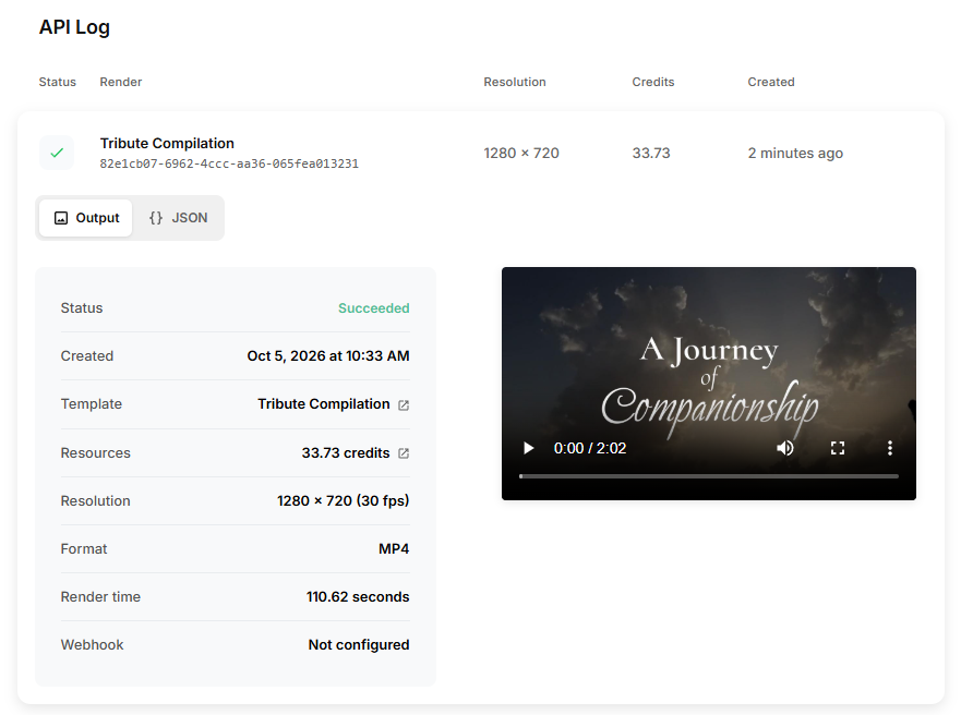Creatomate API Log showing the completed slideshow render, processing details, credit usage, and video preview.
