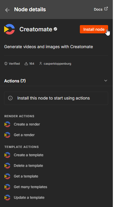 Verified Creatomate node in n8n with the option to install it.