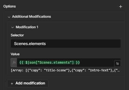 Additional modification in the Creatomate node mapping the Scenes.elements array from the Code node.