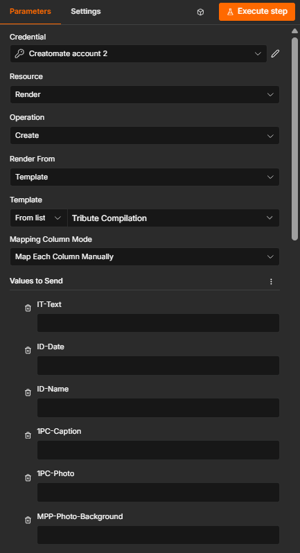 Creatomate node configured to create a render from the Tribute Compilation template.