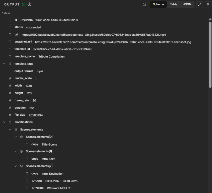 Successful Creatomate node output containing the completed dynamic slideshow render and its public MP4 URL.