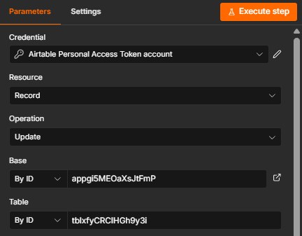 Airtable Update record node connected to the Dynamic Slideshow Videos base and table.