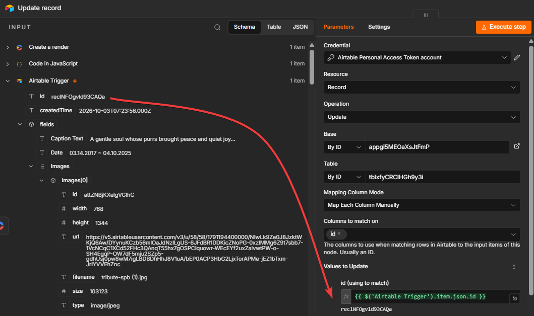 Airtable Update record node using the same base and table as the trigger, matching on the Airtable record ID, and mapping the ID from the trigger.
