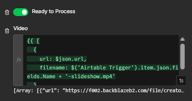 Airtable Video attachment field mapped to the Creatomate MP4 URL with a filename based on the Airtable record name.
