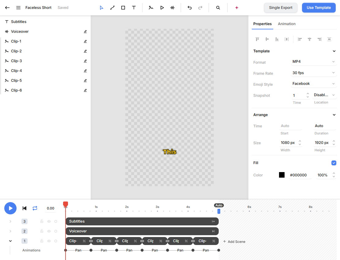 The Creatomate template editor showing the Faceless Short template with six clip elements, a voiceover, subtitles, and a vertical 1080×1920 canvas.