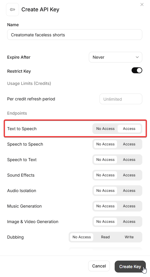 ElevenLabs Create API Key dialog with Restrict Key enabled and Text to Speech set to Access.