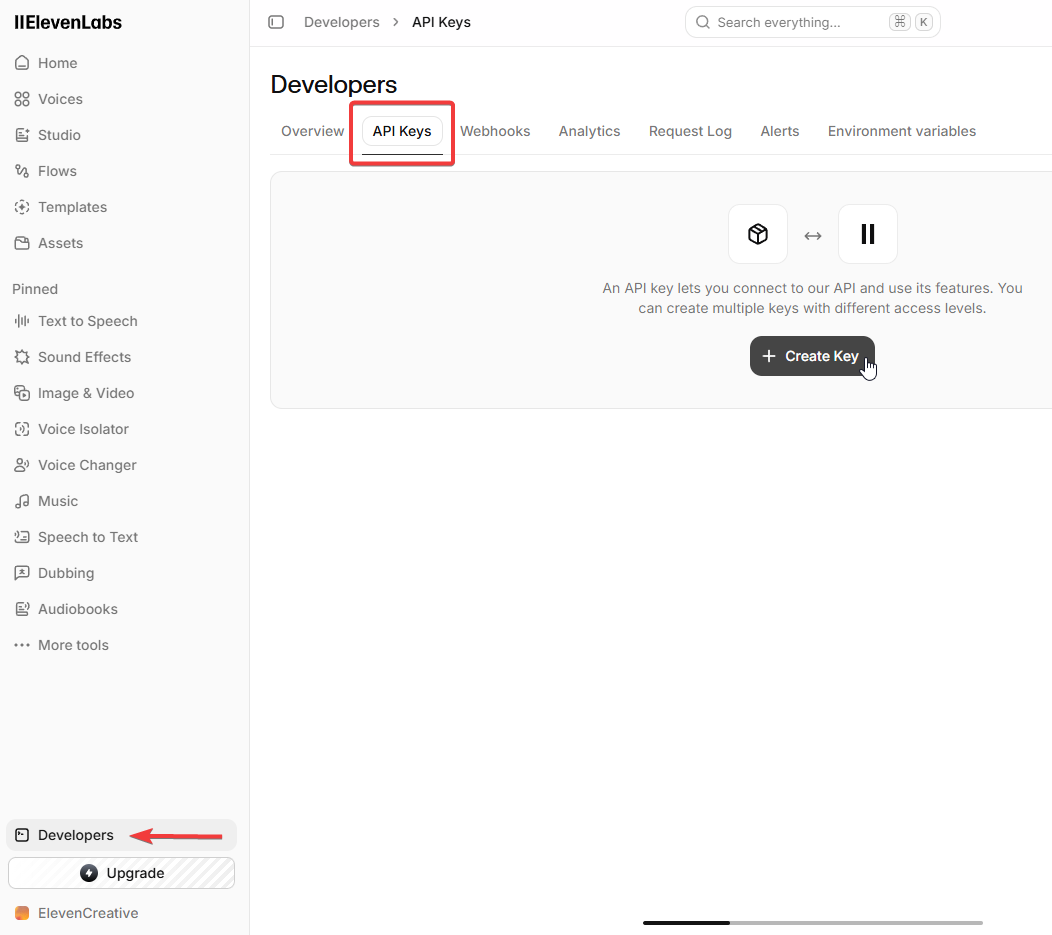 ElevenLabs Developers page with the API Keys tab open and the Create Key button highlighted.