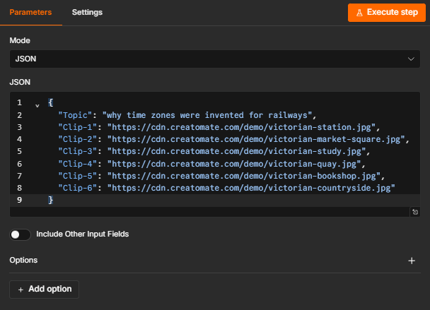The Edit Fields node in JSON mode containing a Topic field and six public image URLs named Clip-1 through Clip-6.