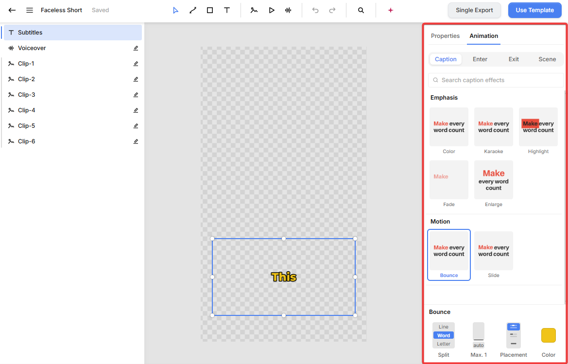 Live caption animation settings for the animated subtitles in the Faceless Short template.