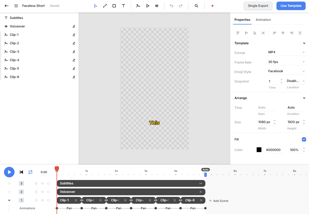 Creatomate Faceless Short template with six dynamic visual elements, an ElevenLabs voiceover, and animated subtitles.