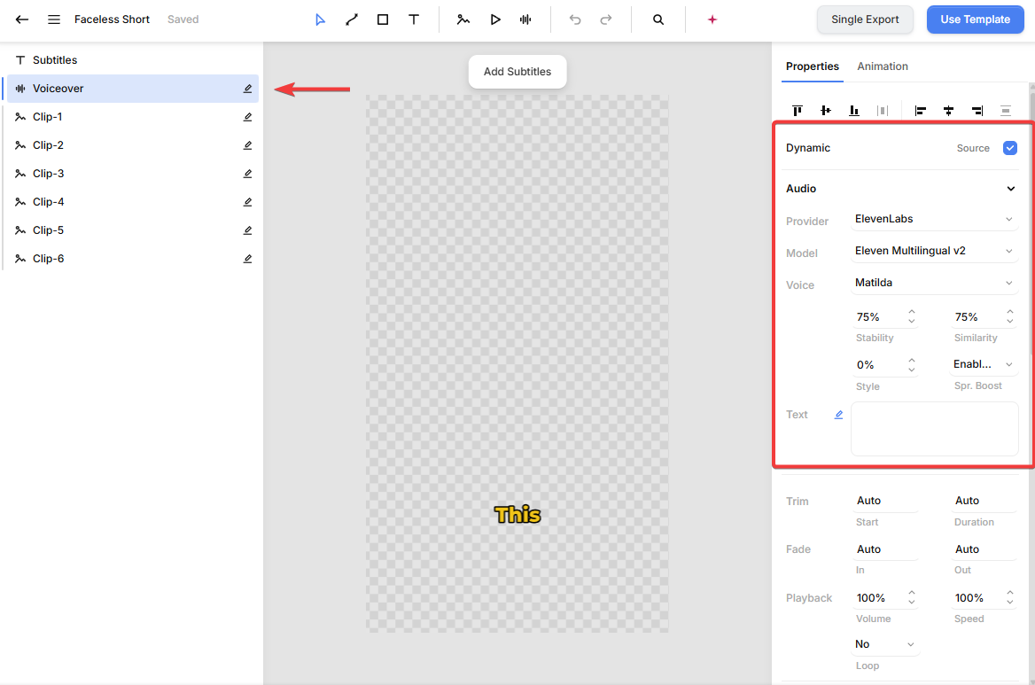 ElevenLabs model, voice, and speech settings for the dynamic voiceover in the Faceless Short template.