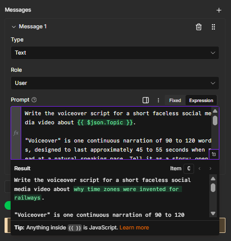 The OpenAI nodes Prompt field containing instructions to generate a voiceover, YouTube title, description, and JSON output.