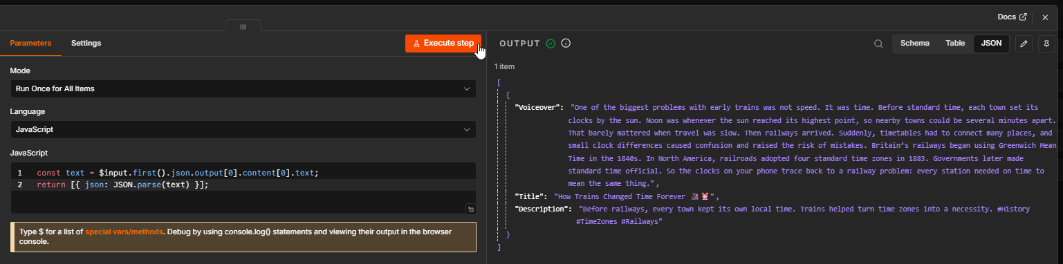 The Code node tested successfully: the two lines of JavaScript on the left, and on the right an output of three separate fields named Voiceover, Title, and Description.