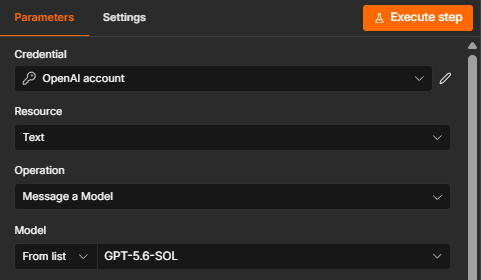 The configured OpenAI node with the Text resource, Message a Model operation, and GPT-5.6-SOL model.