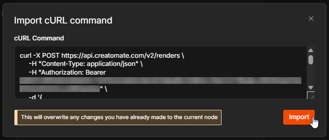 The n8n Import cURL dialog containing the Creatomate render request, with the Import button selected.