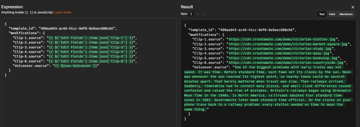 The JSON body of the HTTP Request node in expression mode, with the Result preview underneath showing the six image URLs and the voiceover text filled in.