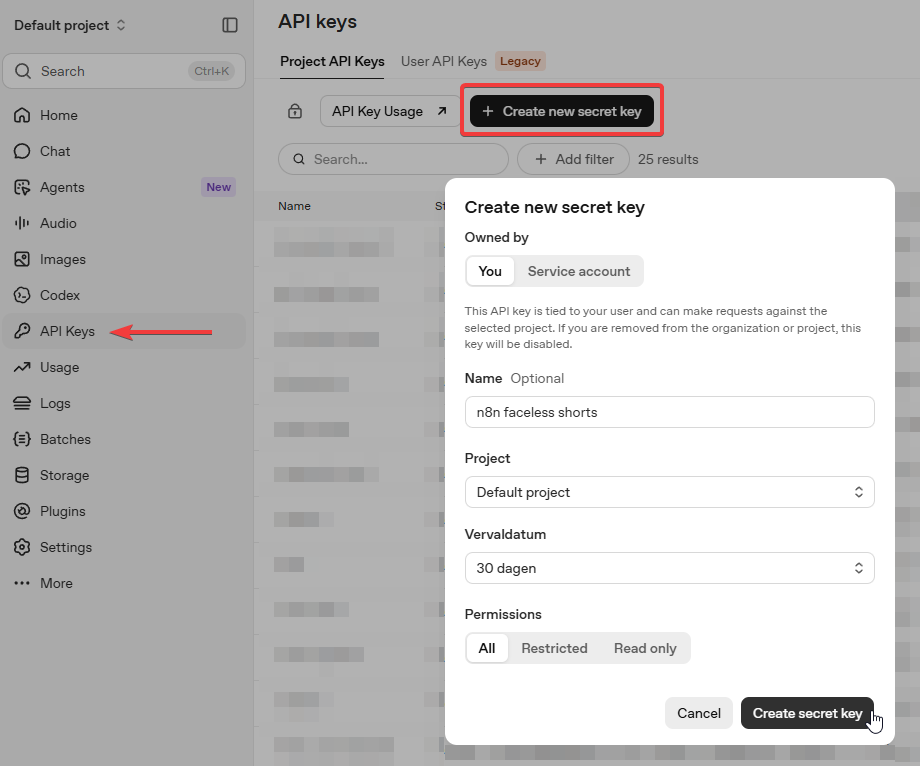 Creating an OpenAI API key for the ChatGPT node in n8n.