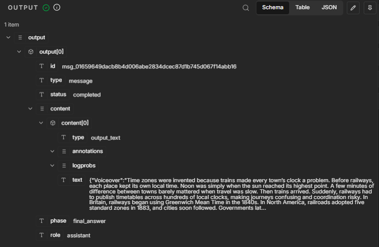 OpenAI node output showing the ChatGPT response as a JSON string under output, content, and text.