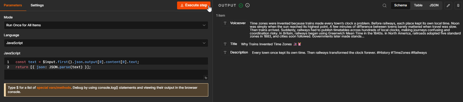 Code node output containing separate Voiceover, Title, and Description fields generated by ChatGPT.