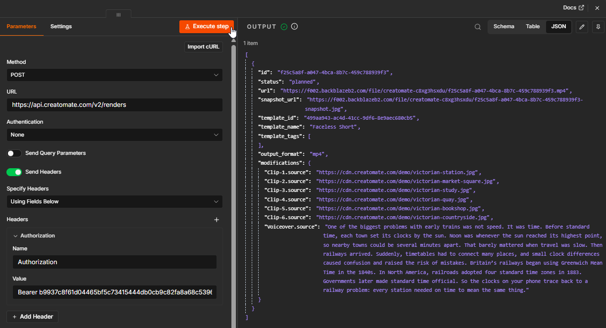 The HTTP Request node tested successfully: the POST request to the renders endpoint on the left, and on the right an output showing the render with status planned and a URL for the finished video.