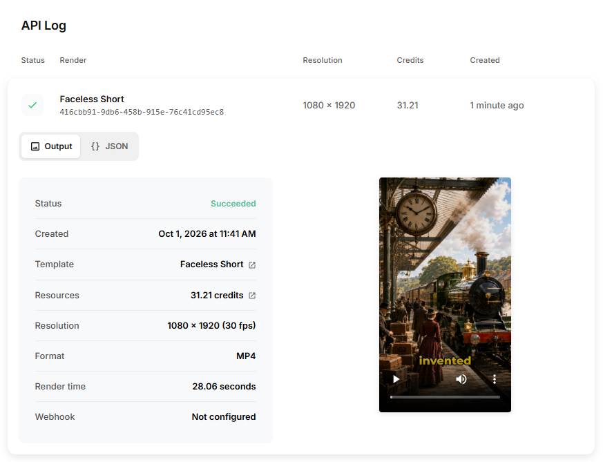 Creatomate API Log showing a successful faceless Short, its video preview, render time, resolution, and Creatomate credit usage.