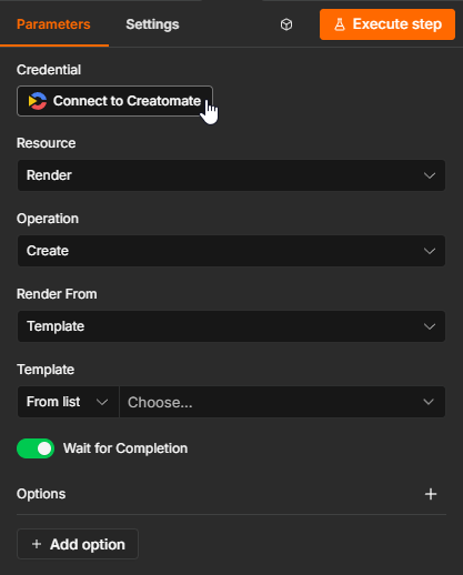 Creatomate node settings showing the Connect to Creatomate credential button.