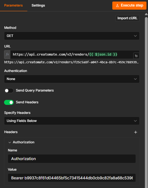 The HTTP Request node configured to retrieve a Creatomate render by ID using a GET request and an Authorization header.