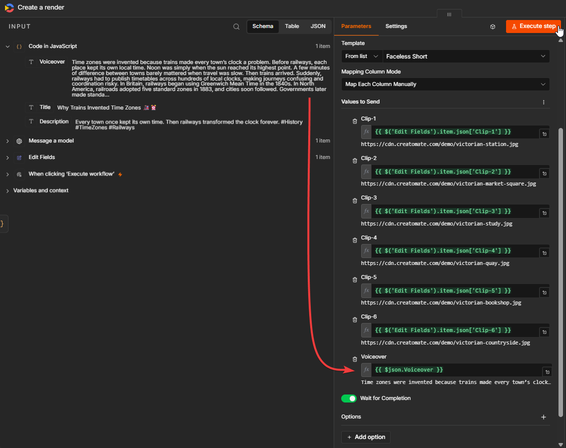 Creatomate node mapping six image URLs and a ChatGPT-written voiceover to the Faceless Short template.