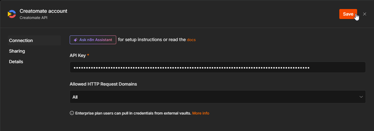Creatomate API credential configured in n8n.
