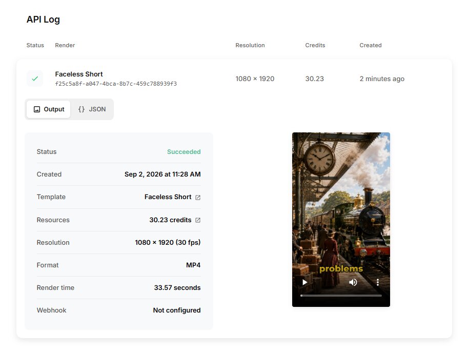 The API Log showing the test render as succeeded, along with its render time and credit usage.
