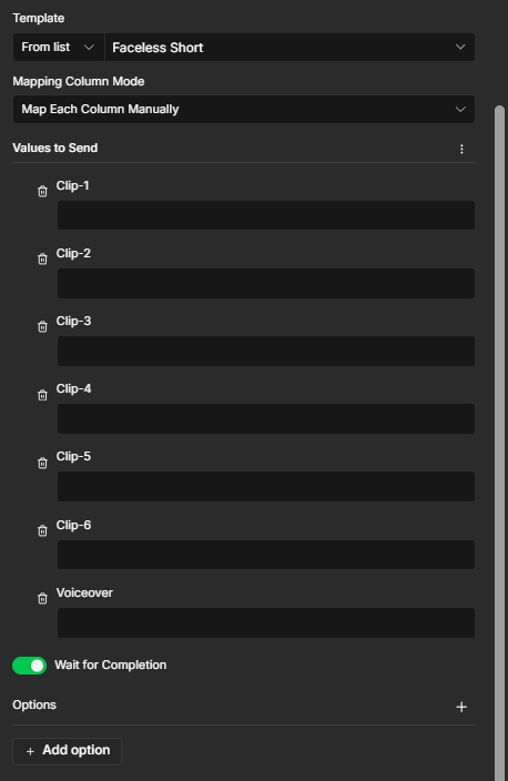 Faceless Short template selected in the Creatomate node for n8n.