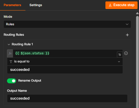 The Switch node with a routing rule for succeeded renders and its output renamed to succeeded.