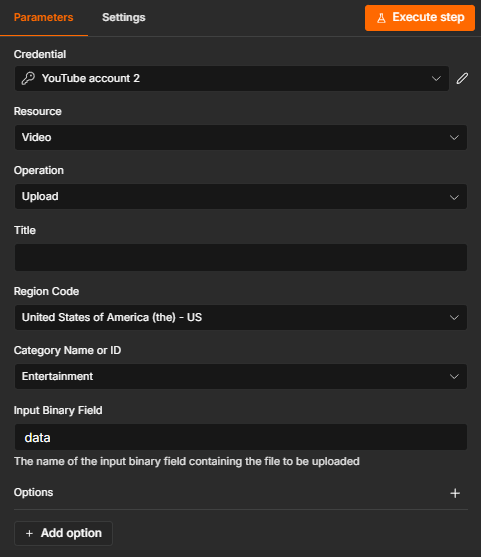 The YouTube node configured for upload: resource Video, operation Upload, and the input binary field set to the downloaded file.