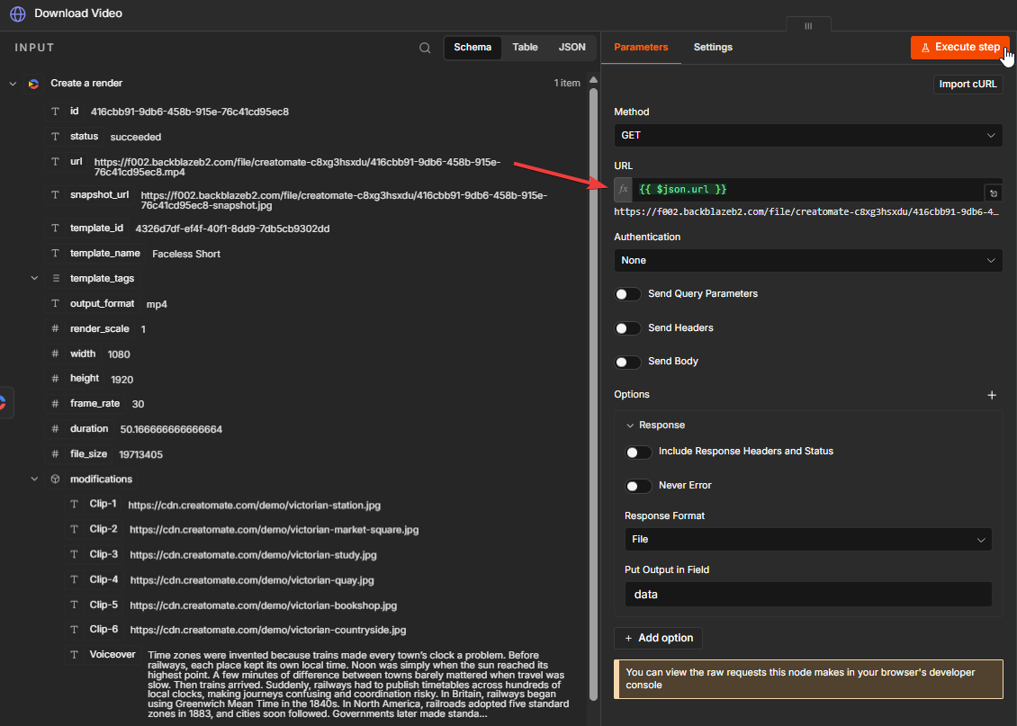 HTTP Request node configured to download the finished faceless Short as a binary MP4 file.