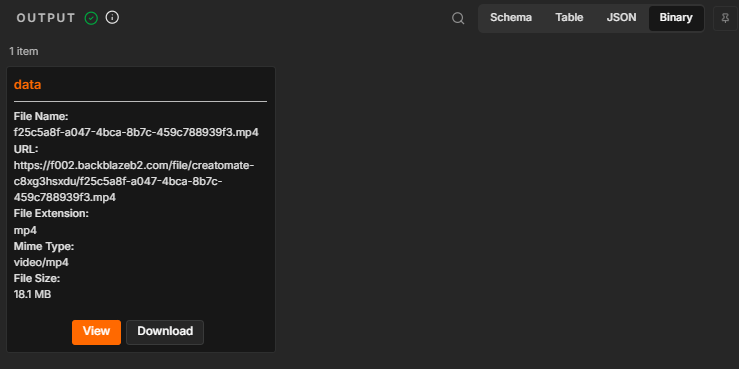 The HTTP Request node downloading the finished video as a binary file named data.