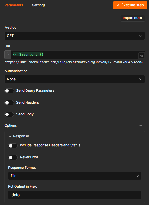 The HTTP Request node configured to download the finished video as a file and store it in the binary field named data.