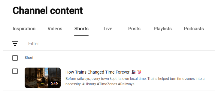 The YouTube Studio content page showing the newly uploaded Short with its AI-written title and description.