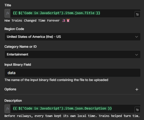 The YouTube node with its title and description mapped from the Code node.